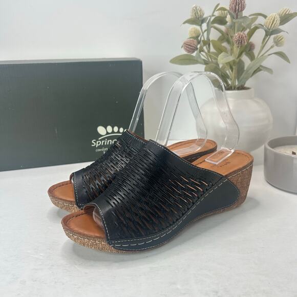 Spring Step Fusawedge Leather Slide Laser Cut Sandals Black Women's 9/EU40 NWB - Picture 3 of 11